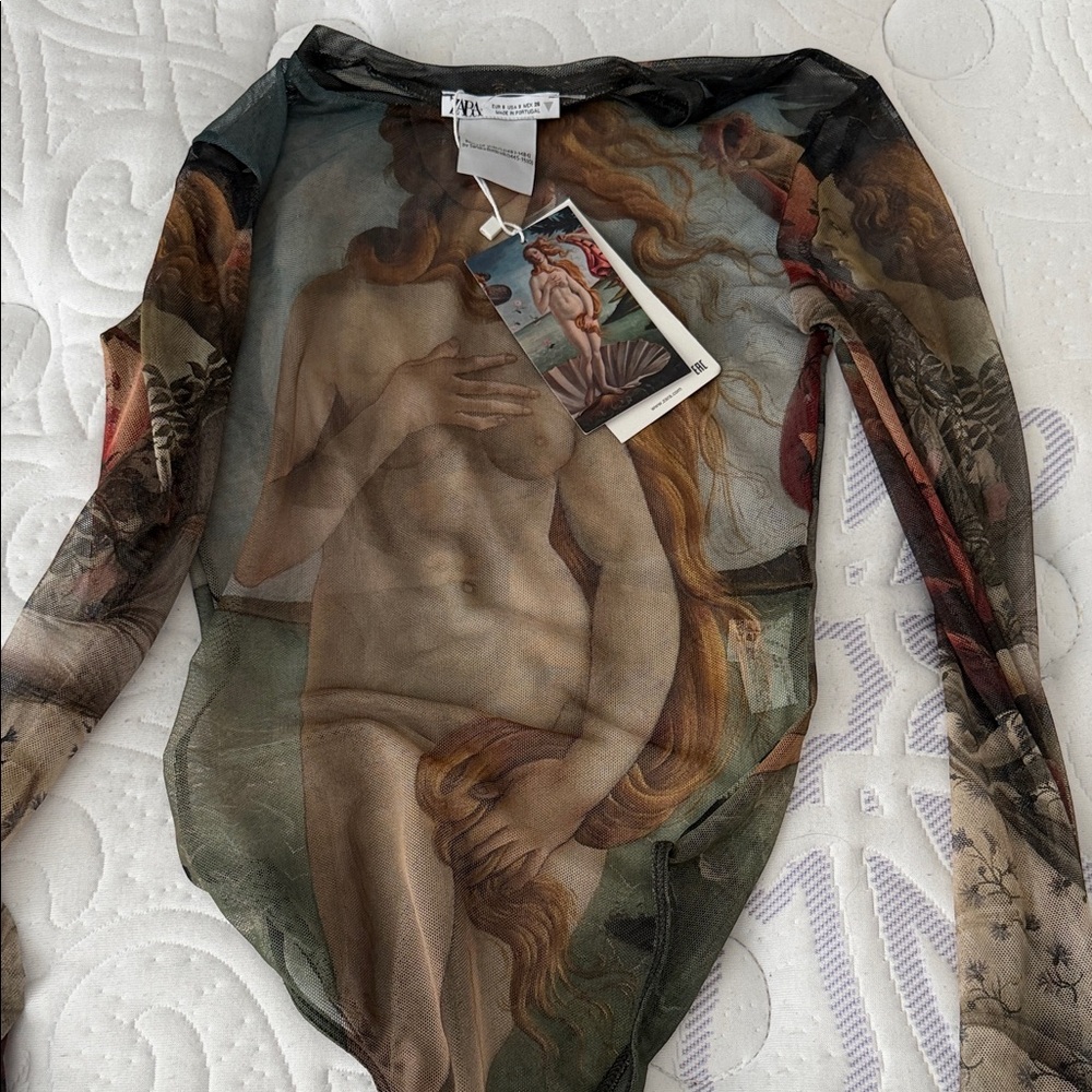 ZARA Sheer Art-Print Bodysuit featuring Botticelli’s Birth of Venus - Multi